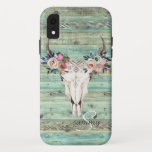 Rustic Western Turquoise Wood Cow Skull Monogram iPhone XR Case<br><div class="desc">Boho Chic Cow Skull Flowers on Wood Design and your monogram. The perfect rustic phone case. Add your custom wording to this design by using the "Edit this design template" boxes on the right hand side of the item, or click the blue "Customise it" button to arrange the text, change...</div>