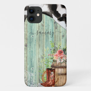 Rustic Western Turquoise Wood Cowhide iPhone 11 Case