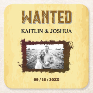 Rustic Western Wedding 🤠 WANTED Photo Square Paper Coaster
