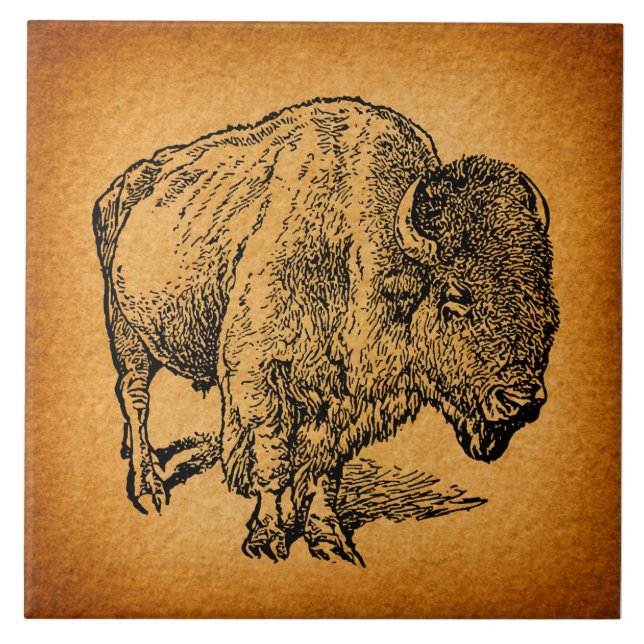 Rustic Western Wild Buffalo Bison Antique Art Ceramic Tile (Front)