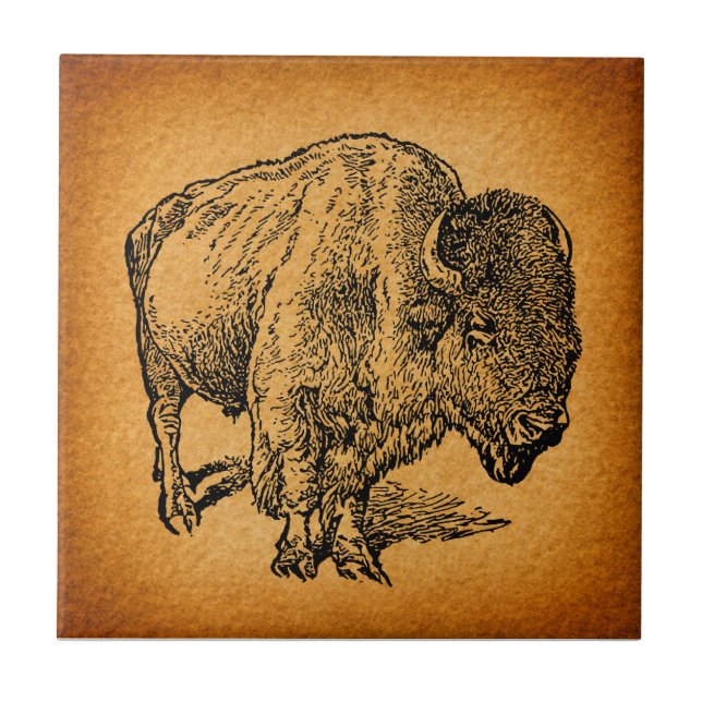 Rustic Western Wild Buffalo Bison Antique Art Ceramic Tile (Front)