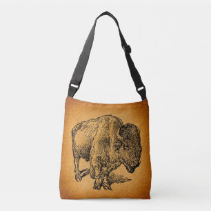 Rustic Western Wild Buffalo Bison Antique Art Crossbody Bag
