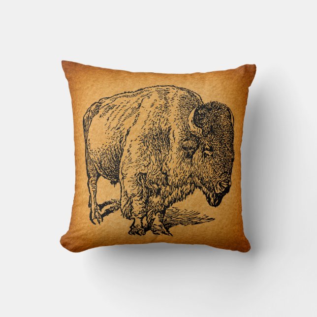 Rustic Western Wild Buffalo Bison Antique Art Cushion (Front)