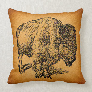 Rustic Western Wild Buffalo Bison Antique Art Cushion