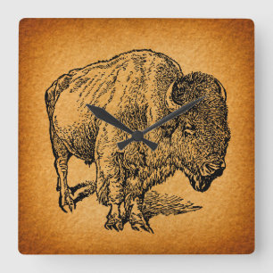 Rustic Western Wild Buffalo Bison Antique Art Square Wall Clock