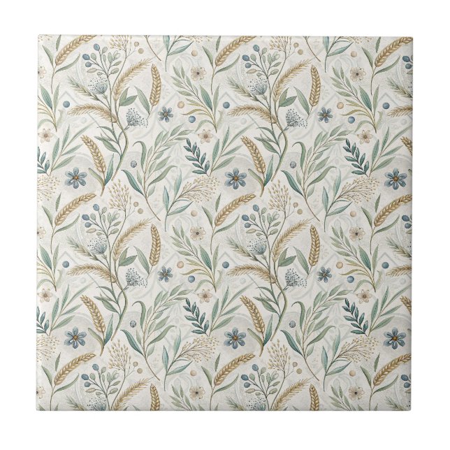Rustic Wheat & Wildflower Botanical Floral Pattern Ceramic Tile (Front)