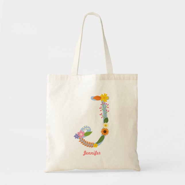 Rustic Whimsical Flower Monogram (J) Tote Bag (Front)