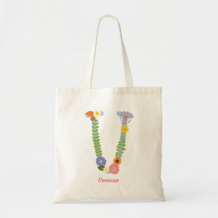 Rustic Whimsical Flower Monogram (V) Tote Bag