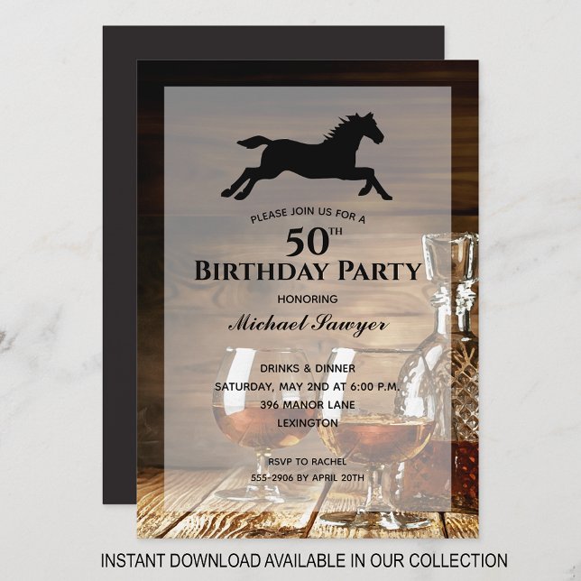 Rustic Whiskey 50th Birthday Party Invitations (INSTANT DOWNLOAD available in our collection to send your invitations digitally.)
