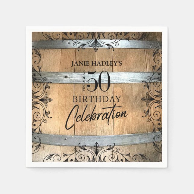 Rustic Whiskey Barrel Birthday Paper Napkin (Front)
