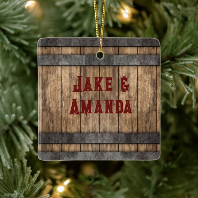 Rustic Whiskey Keg Personalised Ceramic Ornament (Tree)