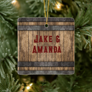 Rustic Whiskey Keg Personalized Ceramic Ornament