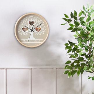 Rustic White 3 Photo Family Tree Personalised   Clock