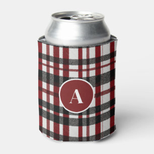 Rustic White and Red Plaid Pattern Can Cooler