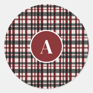 Rustic White and Red Plaid Pattern Classic Round Sticker