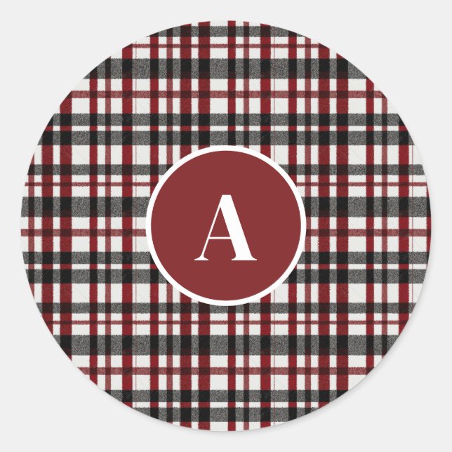 Rustic White and Red Plaid Pattern Classic Round Sticker (Front)