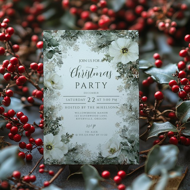 Rustic White Anemone Christmas Party Invitation (Creator Uploaded)
