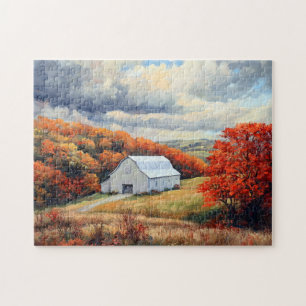 Rustic White Barn Autumnal Trees Jigsaw Puzzle