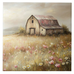 Rustic White Barn Wildflower Field Painting Ceramic Tile