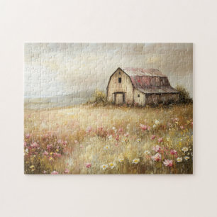 Rustic White Barn Wildflower Field Painting Jigsaw Puzzle