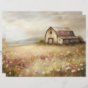 Rustic White Barn Wildflower Field Scrapbook Paper