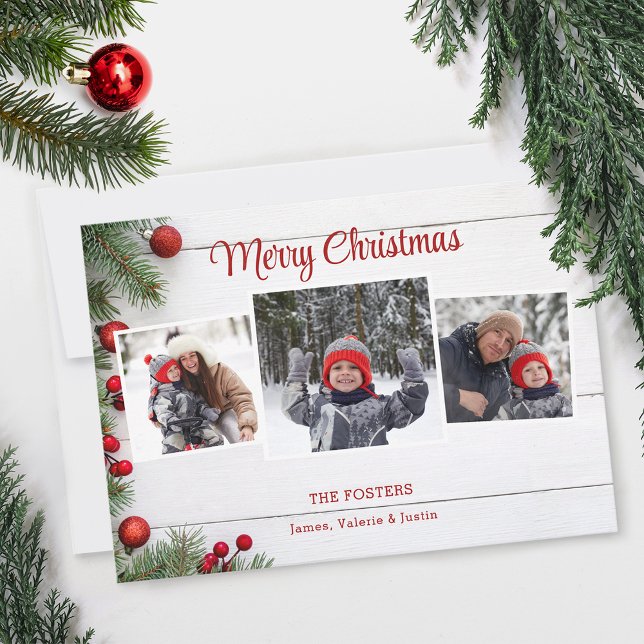 Rustic White Barn Wood 3-Photo  Holiday Card (Creator Uploaded)