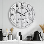 Rustic White Barn Wood Farmhouse Personalised Name Large Clock<br><div class="desc">Large beautiful rustic white barn vintage wood personalised family name year established wall decor clock. The perfect country wooden plank look for any home or kitchen.</div>