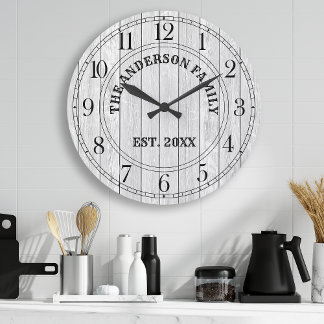 Rustic White Barn Wood Farmhouse Personalised Name Large Clock