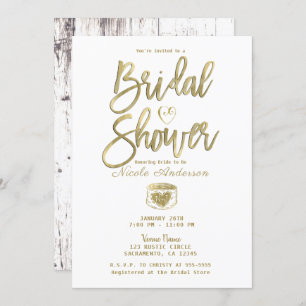 Rustic White Barn Wood Gold Bridal Shower  Invitation