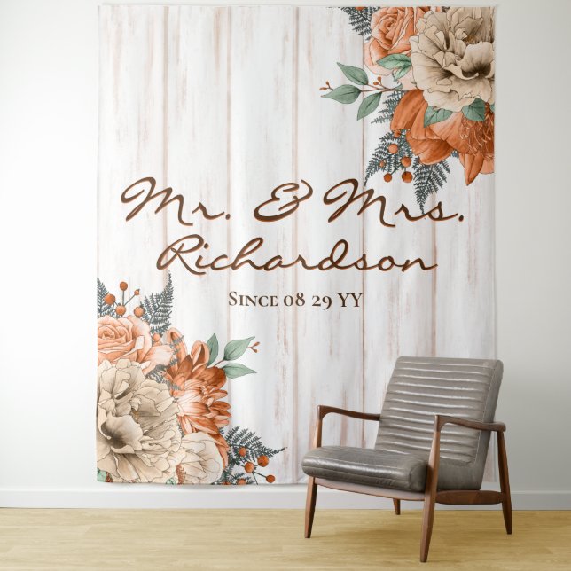 Rustic White Barn Wood Orange Floral Wedding Tapestry (In Situ)