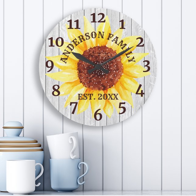 Rustic White Barn Wood Sunflower Personalized Name Large Clock (Creator Uploaded)