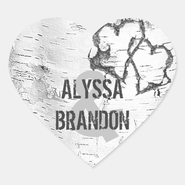 Rustic White Birch Bark Heart Wedding Stickers (Front)