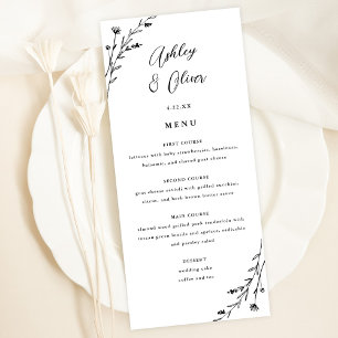Rustic White & Black Botanical Wedding Menu Card