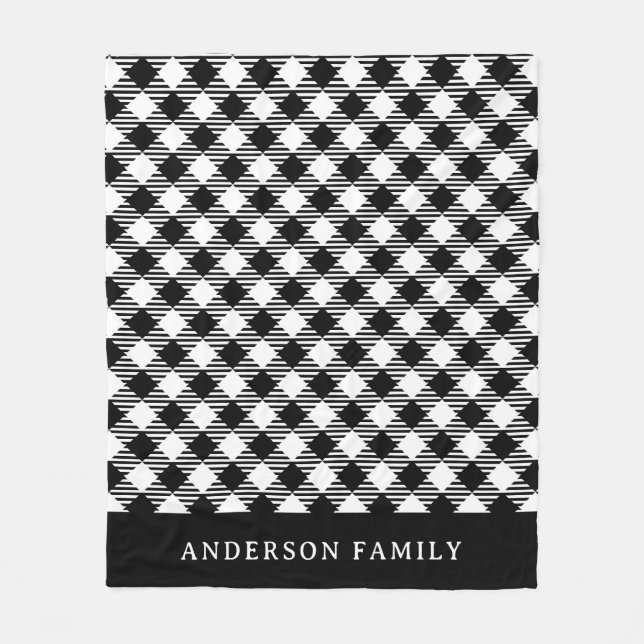 Rustic White Black Buffalo Check Monogram Fleece Blanket (Front)