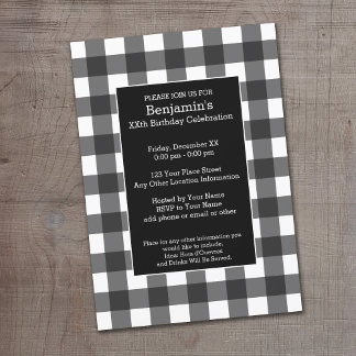 Rustic White & Black Buffalo Plaid Birthday Party Invitation