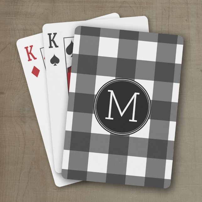 Rustic White Black Buffalo Plaid Pattern Monogram Playing Cards (Personalized playing cards with a fun area to add text such as a name or monogram)