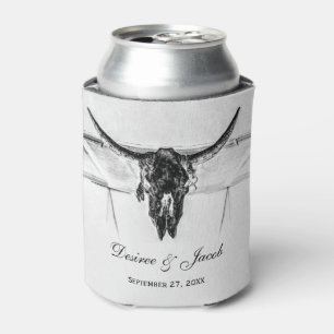 Rustic White Black Western Cow Skull Wedding Can Cooler