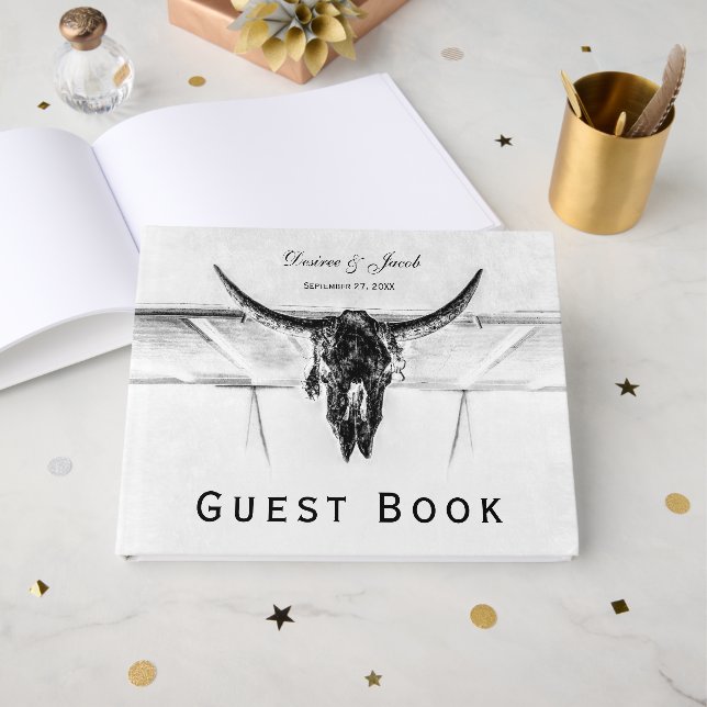 Rustic White Black Western Cow Skull Wedding Guest Book (Front Open)