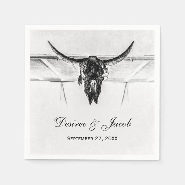 Rustic White Black Western Cow Skull Wedding Napkin (Front)