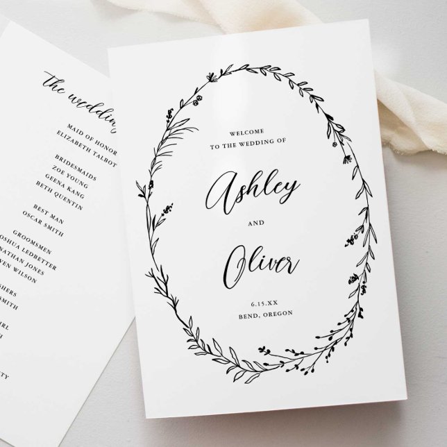 Rustic White & Black Wildflower Wreath Wedding Program (Creator Uploaded)