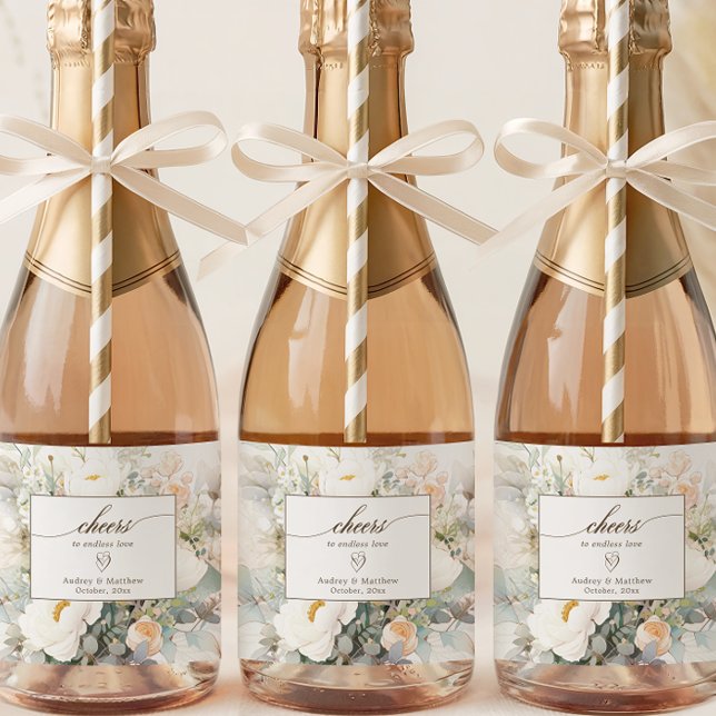 Rustic White Blooms Cheers Wedding Sparkling Wine Label (Creator Uploaded)