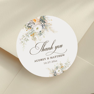 Rustic White Blooms Thank You Classic Round Sticker