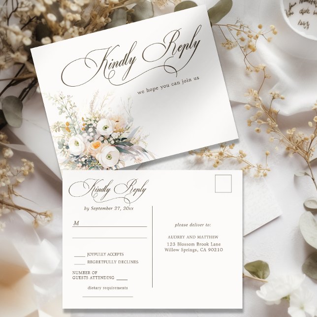 Rustic White Blooms Wedding RSVP Postcard (Creator Uploaded)
