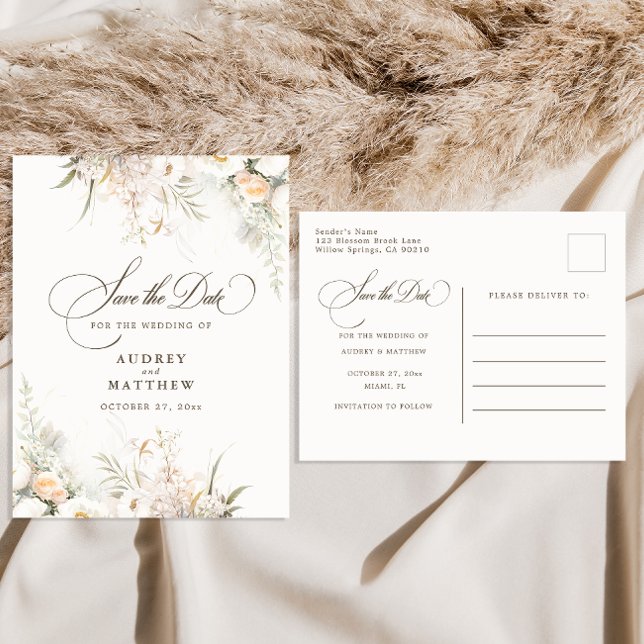 Rustic White Blooms Wedding Save The Date Announcement Postcard (Creator Uploaded)