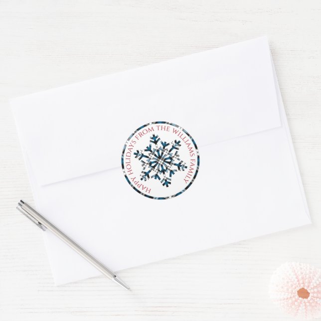 Rustic White Blue Black Tartan Checks Snowflakes Classic Round Sticker (Envelope)