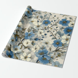 Rustic White Blue Botanical Pastel Vintage Floral Wrapping Paper