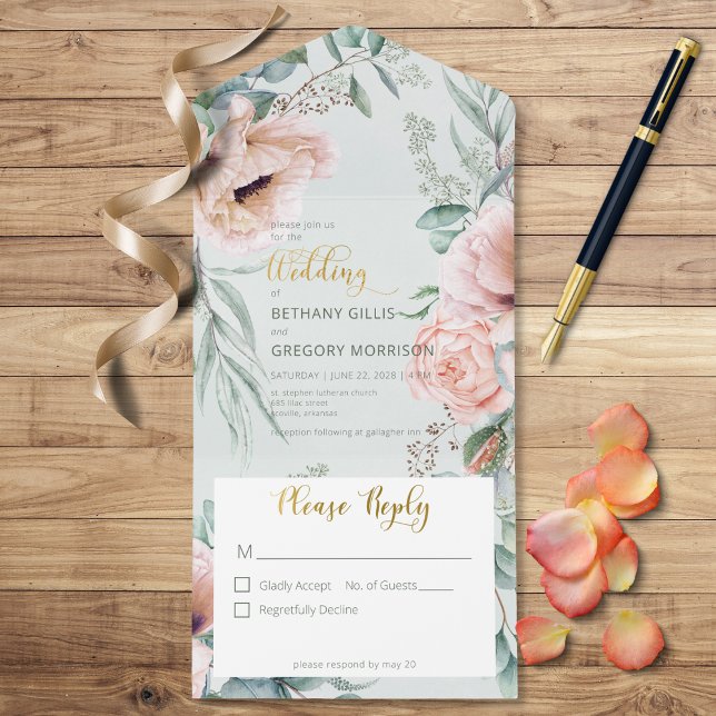 Rustic White & Blush Peonies Sage Green No Dinner All In One Invitation (Creator Uploaded)