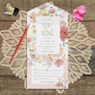 Rustic White & Blush Pink Boho Flowers Dinner All In One Invitation