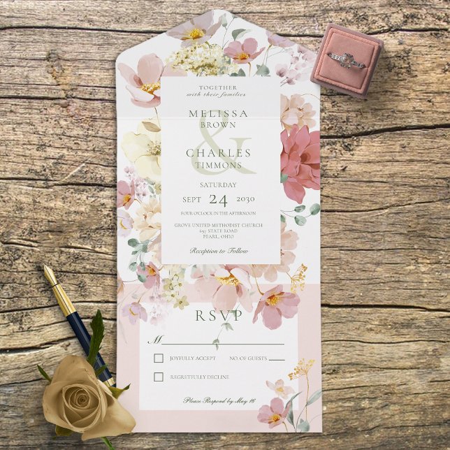 Rustic White & Blush Pink Boho Flowers No Dinner All In One Invitation (Creator Uploaded)