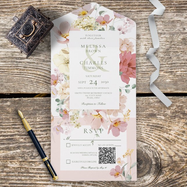 Rustic White & Blush Pink Boho Flowers QR Code All In One Invitation (Creator Uploaded)
